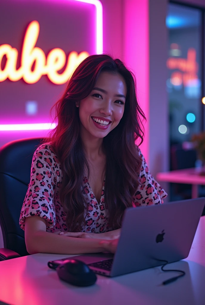 A woman sitting at a table，Laptop and microphone in hands, Sitting in front of the microphone, Twitch Streamers, Twitch Streamers/Ludwig the Gamer, Accept an interview, Accurate portrait, Smile and take control, Hours 3 Hours 3, With a happy expression, Accurate expression, in front, Pop Art, shutter, Studio shot, Very expressive, Realistic Anime, painting,
