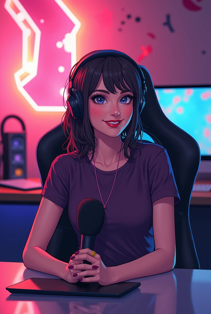 A woman sitting at a table，Laptop and microphone in hands, Sitting in front of the microphone, Twitch Streamers, Twitch Streamers/Ludwig the Gamer, Accept an interview, Accurate portrait, Smile and take control, Hours 3 Hours 3, With a happy expression, Accurate expression, in front, Pop Art, shutter, Studio shot, Very expressive, Realistic Anime, painting,