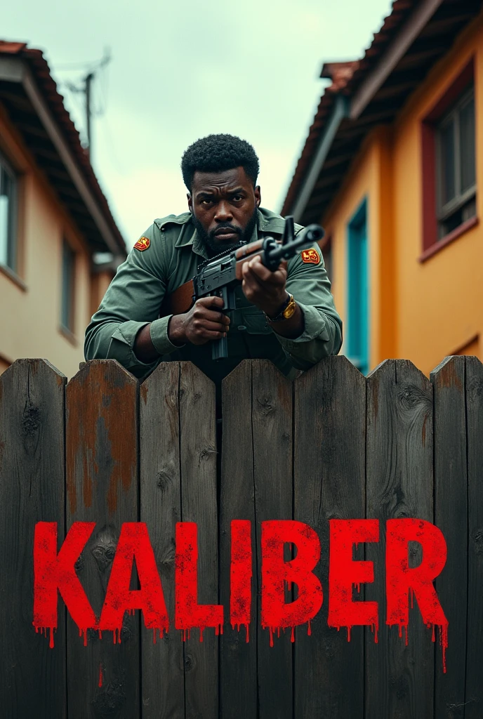 A black milkman holding a AK47 blind firing behind a fence in a neighborhood with the the word KALIBER at the bottom