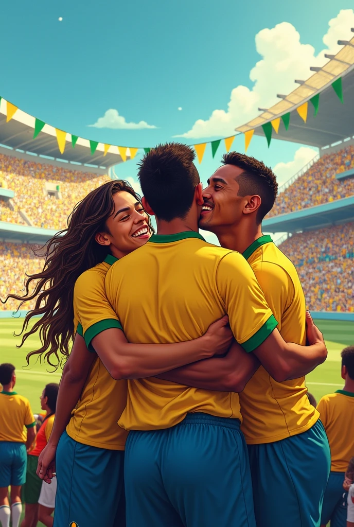Neymar hugging Ronaldo Nazario and Ronaldinho 