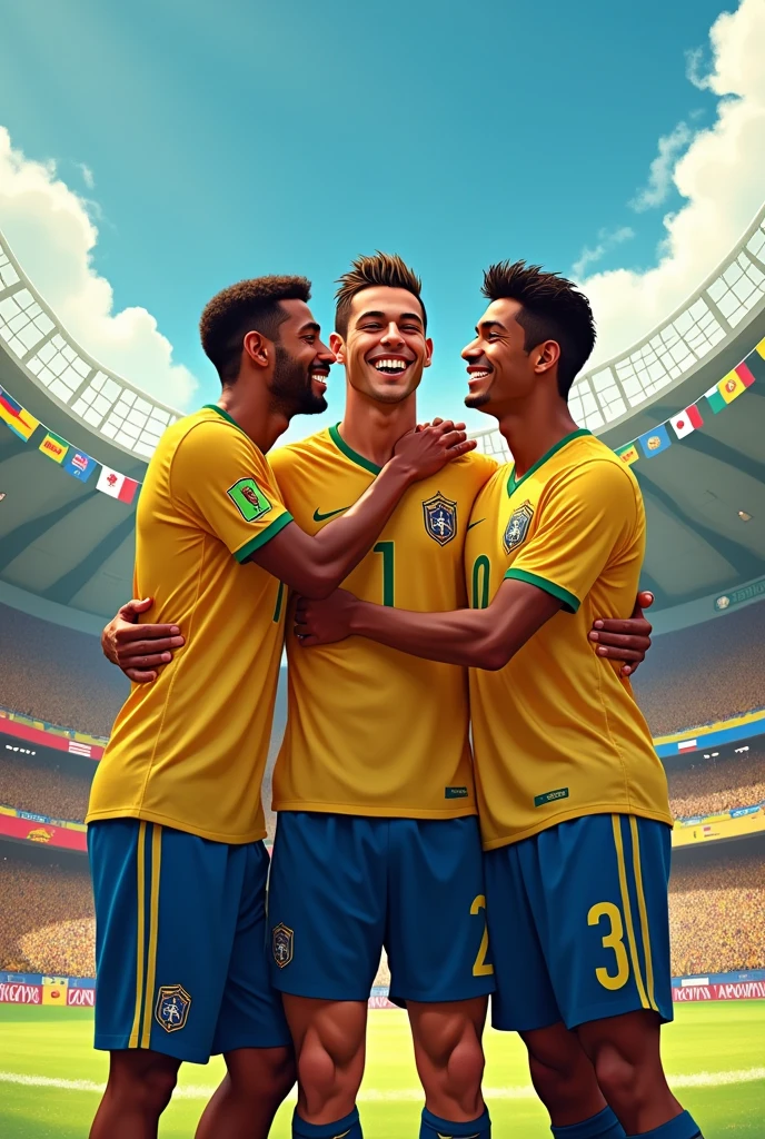 Neymar hugging Ronaldo Nazario and Ronaldinho