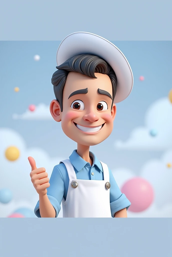 Cartoon character of a man blue shirt, 45 years old adult, White hat, an animated character, stylized character, animation style rendering, 3d stylized, smiling and making a nice hand sign