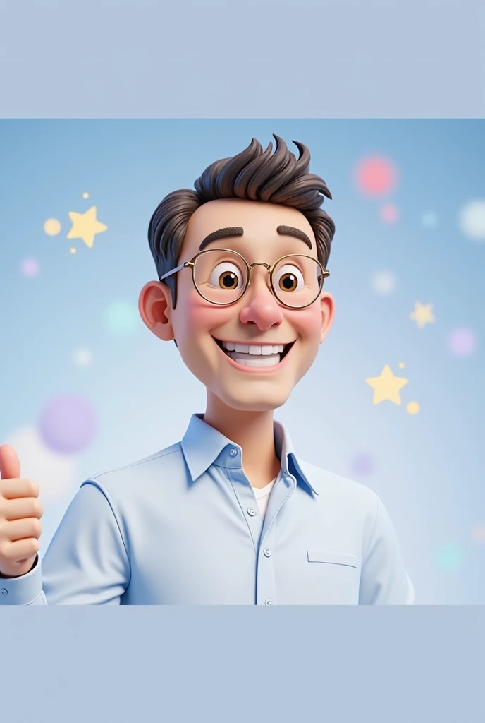 Cartoon character of a man blue shirt, 45 years old adult, White hat, an animated character, stylized character, animation style rendering, 3d stylized, smiling and making a nice hand sign