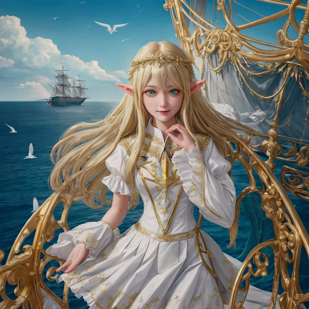 (((master part, Very high quality, high quality, high detail)))), ((((fancy))), one, (Elven Woman)))), (Short white skirt with gold embroidery), (blonde long straight hair), (shining dark green eyes), (White frill blouse with gold embroidery), big, (((On the deck of a sailing ship above the sea)), (The vast sea))), (A sky with visible clouds)), (( Seagulls flying in the sky)), Smiling, (breeze), flying light particles