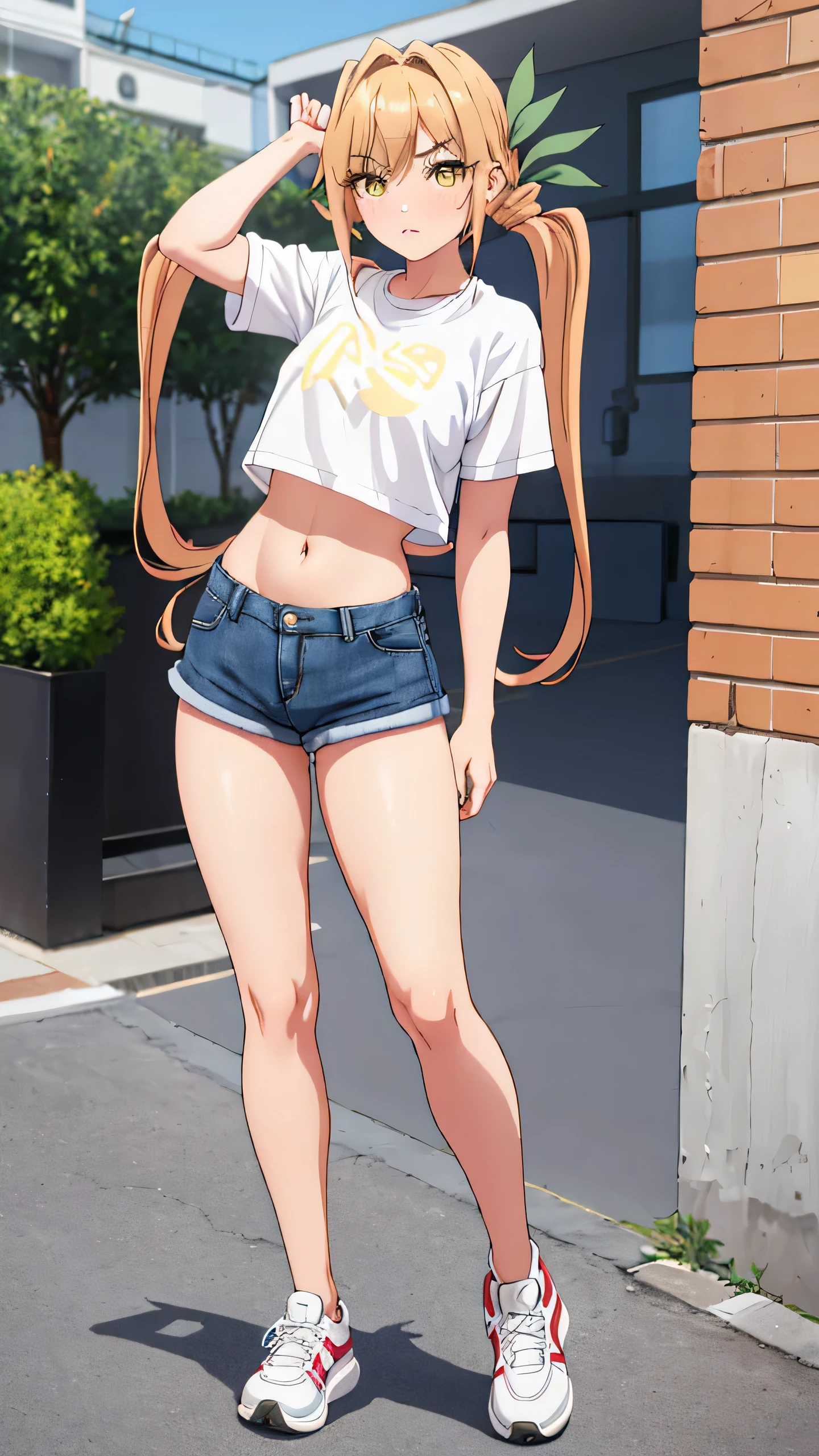 1girl, solo, long hair, breasts, looking at viewer, blush, bangs, shirt, twintails, very long hair, hair ribbon, (yellow eyes:1.3), low twintails, thighhighs, navel, closed mouth, standing, full body, white shirt, short sleeves, thighs, outdoors, shoes, shorts, day, hairclip, midriff, black thighhighs, stomach, arm up, crop top, short shorts, white footwear, denim, sneakers, blue shorts, denim shorts, hand on own head, crop top overhang, cutoffs