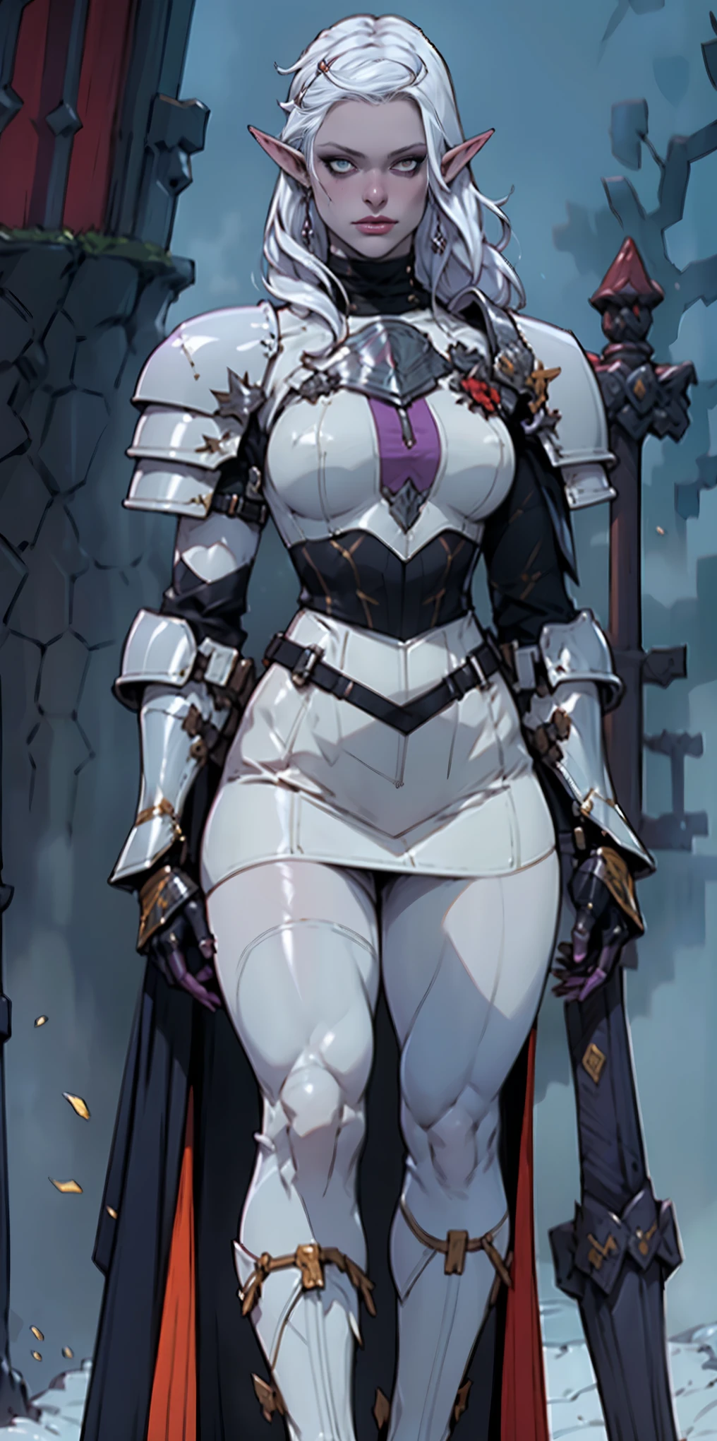 masterpiece, best quality, high quality, purple pale SKIN elf, long hair, white hair, yellow eyes, full body, def_effie, blue breastplate, white skin, looking at viewer, shiny,armor, thighhighs, high boots,shoulder armor, faulds, poleyn, gloves, gauntlets