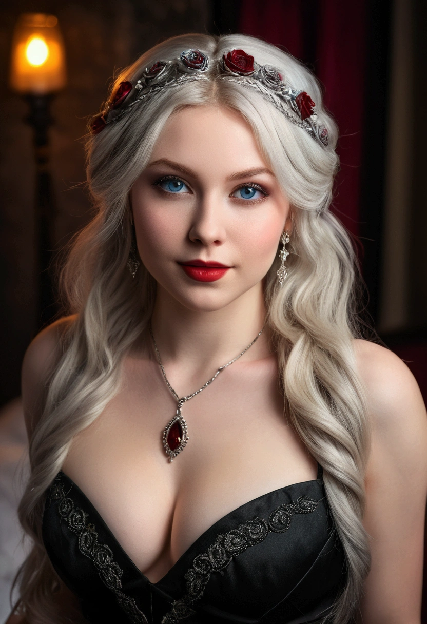 (Best Quality, Ultra details, photorrealistic: 1.39), Face of 29 year old naughty ager., beautiful woman, (saccharine), pale white skin, red cheek, blush, bright and vibrant colors, studio lighting, romantic expression, Perfect big breasts, Shoulder straps, plunging neckline, During, (black dress), luxurious dress, clavicle, collar, luxurious, (beautiful round breasts:1.2), (thigh view), hair blowing in the wind, brightly colored, dynamic lighting, ((detailed face)), Long silver hair, fringes laterais, fringe, wavy fur, (wire braids), hair clips, hair over eyes, blue eyes, attractive eyes, bright lips, pose sexy, beautiful roses, smiling with confidence and seduction, posing for a professional photo shoot, shallow depth of field, soft natural lighting, creating a dreamy and magical atmosphere, vampire, Gothic, in bed, dark castle