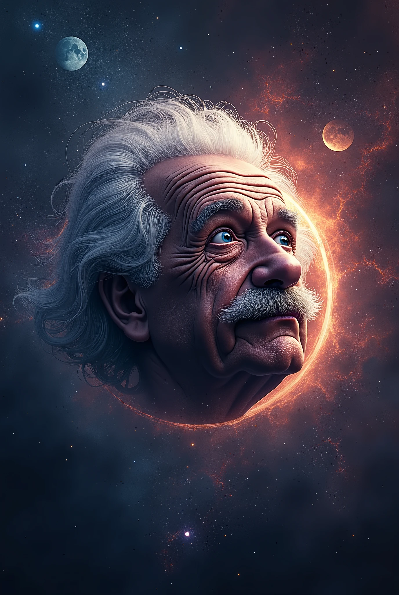 Logo " endless ", Illustration of human stupidity and greed, Einstein&#39;s deformed image, background galaxy, Black Hole, Graphics CG Digital Artwork