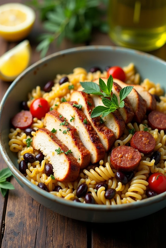 Make a dish with rice, bean, Sausage, roast chicken and pasta