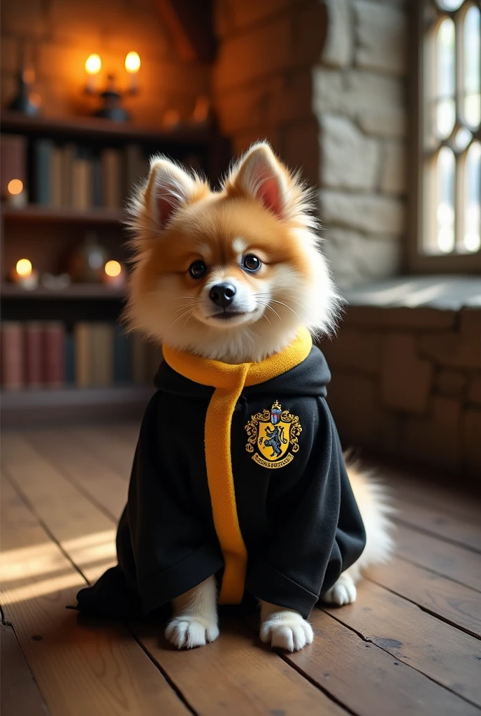 Create an image of a beige German Spitz puppy dressed in a Hufflepuff uniform at Hogwarts