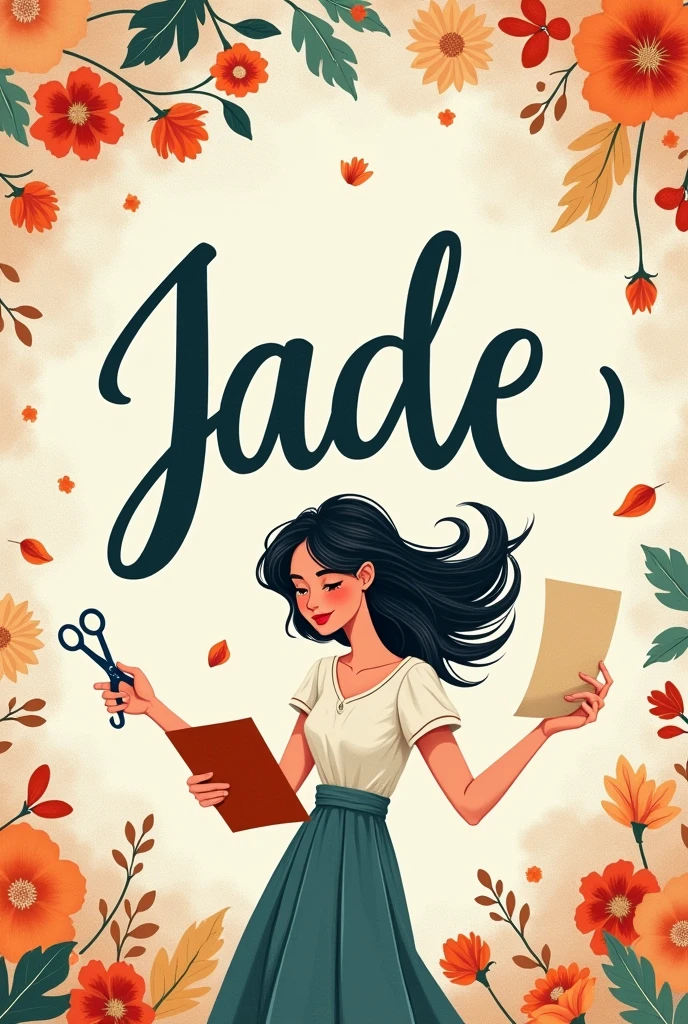 Create a Logo for My Business with the theme of Personalized Stationery with Scissors and Paper with the name Jade in the background Personalized Stationery With a 30-year-old Woman with black hair holding the Paper in her hand and the scissors in the other without being realistic with a woman in drawing
