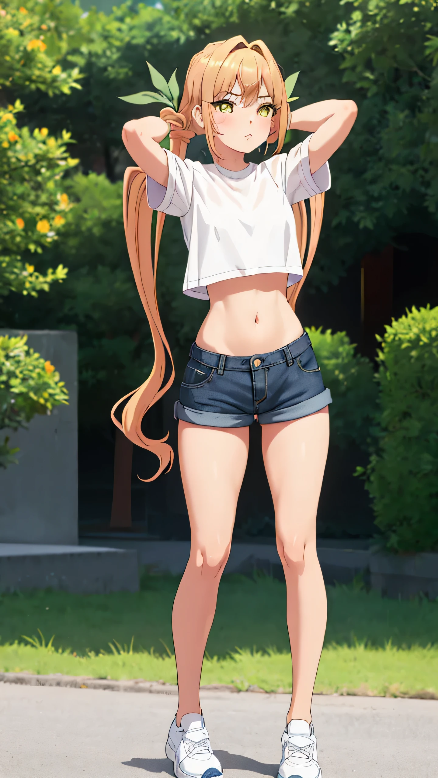 1girl, solo, long hair, breasts, looking at viewer, blush, bangs, shirt, twintails, very long hair, hair ribbon, (yellow eyes:1.3), low twintails, thighhighs, navel, closed mouth, standing, full body, white shirt, short sleeves, thighs, outdoors, shoes, shorts, day, hairclip, midriff, black thighhighs, stomach, arm up, crop top, short shorts, white footwear, denim, sneakers, blue shorts, denim shorts, hand on own head, crop top overhang, cutoffs