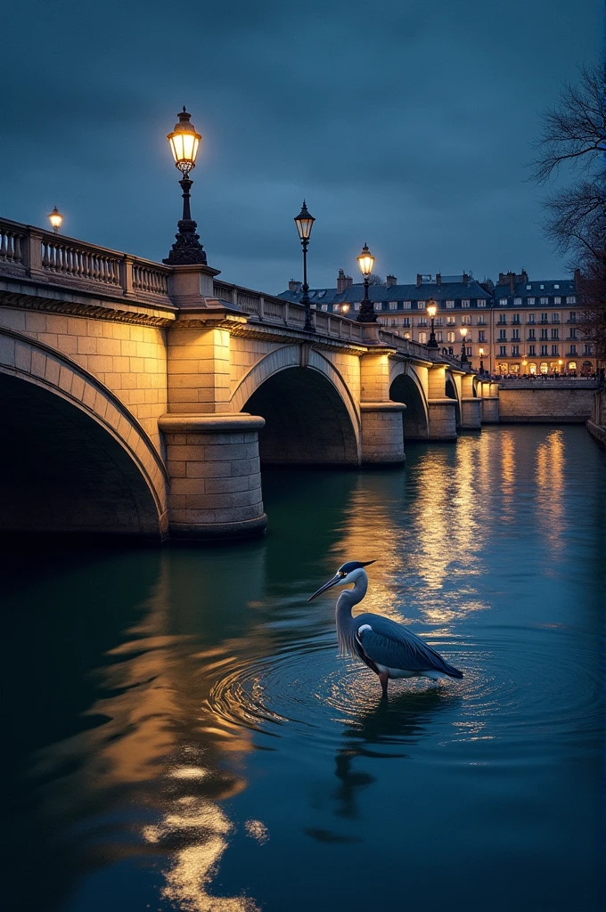 A silver heron passes under the Pont de l'Alma in Paris at night