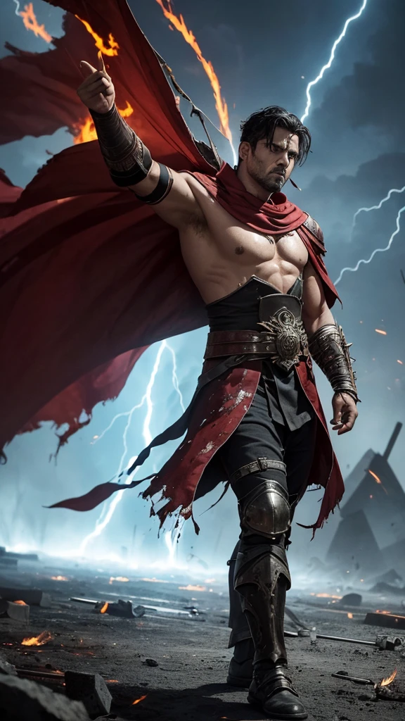 Raul, known as "The Crimson Scourge", He is an imposing warrior, marked by a life of battles and tragedies. His armor, which was once a symbol of power, now it is in tatters, dented and torn, hanging precariously over his scarred, muscular body. The metal, stained with blood and soot, reflects the ravages of countless battles. Despite visible wear, His stance remains firm and defiant, a testimony to his unbreakable will.
His face is that of a man consumed by loss and pain.. Fatigue is evident in the shadows under his eyes and in the deep lines of his expression., But behind that tiredness burns an inextinguishable fury.. His dark eyes, filled with a burning hatred, They are the reflection of a tortured soul, while his tight lips reveal the bitterness of someone who has been pushed to the limit.(emaciated)
Raul está rodeado de rayos carmesí que crepitan en el aire, charged with a lively and dangerous energy. These rays, symbols of their power and their curse, They illuminate their figure with a sinister and vibrant glow. Each lightning strike on the ground causes tremors and an intense ozone aroma, intensifying the atmosphere of tension and violence that surrounds it.
Despite his worn appearance and obvious exhaustion, Raul sigue siendo una figura de imponente poder. His torn cape flutters in the wind, moved by the energy of the rays, like the flag of a warrior who refuses to surrender. It reflects the embodiment of tragedy and fury., A man whose anger and despair have made him a feared being., almost invincible, who fights not only against his enemies, but against the internal torment that consumes him.