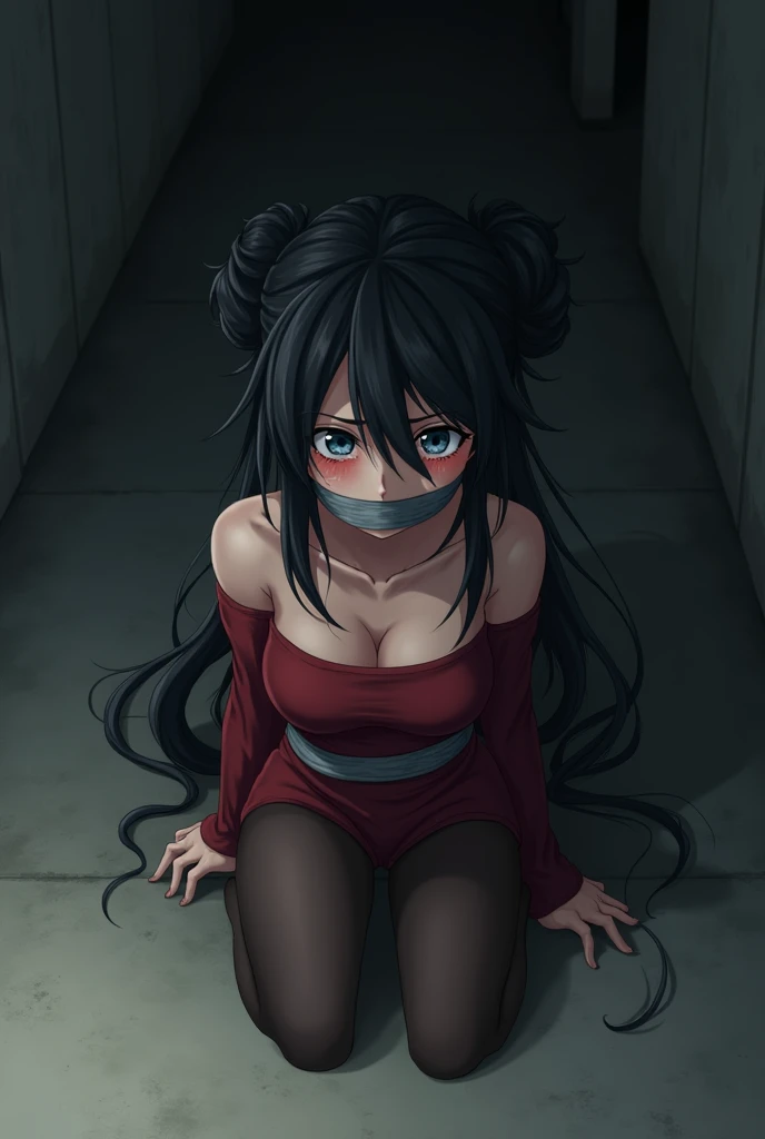 A sad kidnapped anime girl crying with her long black hair tied in a bun at the back, her cheeks bright red, her mouth tied with a straight gray tape around it, wearing a red off-shoulder red outfit, wearing black pantyhose, sitting on the floor and her panties visible, her arms stuck together from behind and her chest stuck to her arms, her chest and arms tied together with tape, her stomach and chest on the floor 