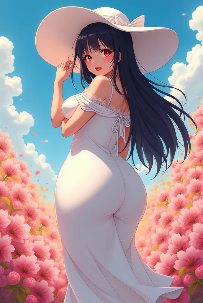 Chunky woman, Black hair, red eyes, big white hat, Big breasts, huge breasts, breasts tight in the dress, wearing a long white dress, Big ass. Anime style, full breasts