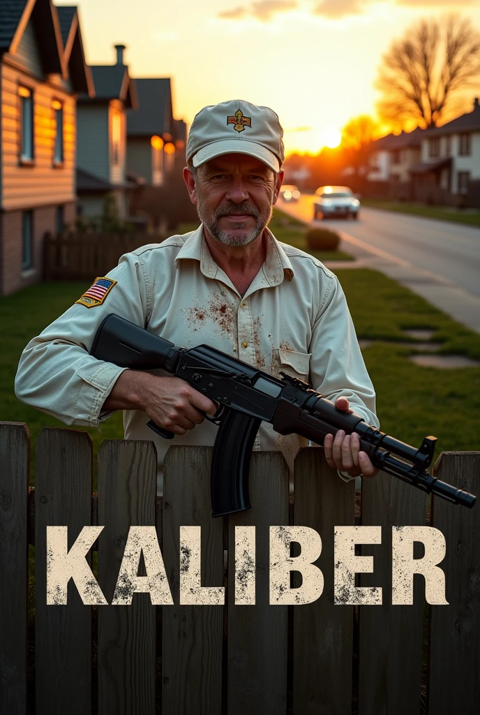 A milkman holding a AK47 blind firing behind a fence in a neighborhood with the the word KALIBER at the bottom