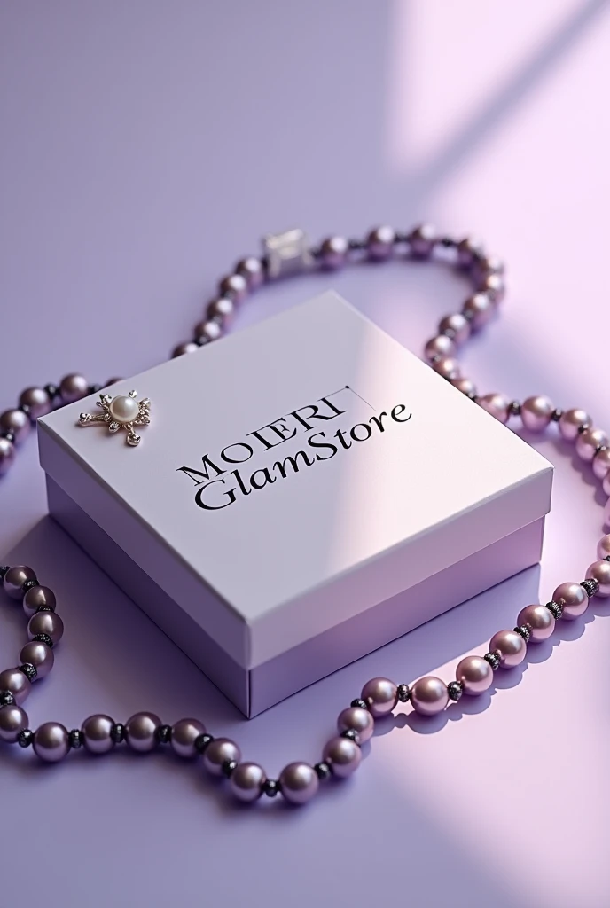 A rectangular product box that says GlamStore in letters with very fine 4d tips, elegant style with pearls and pearl necklaces the same but darker, the store was missing and less shine, so the same but with soft violet colors like lights and that says modern GlamStore 