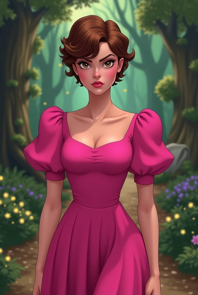 One young woman, Woman, white, pink skin tone, 20 year, eyes browns, chestnut hair, curly, corte pixie cut, dark tone, wearing a hot pink 80s style dress, Angry, in the style of Classic 2d Disney princess drawing