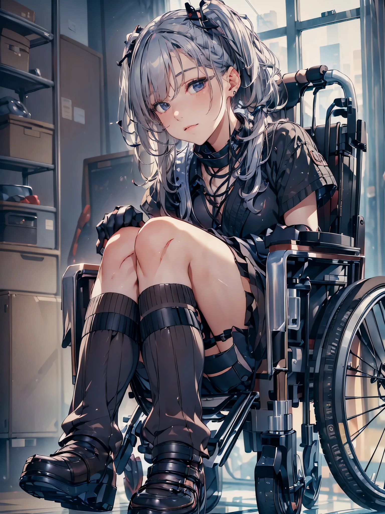 a 24 year old disabled woman in a reclining electric wheelchair, lying down, glaring, hair covering her eyes, heavy makeup, twin tails, silver hair, white blouse, ribbon, black pleated skirt, earrings, loose socks, lace up boots, plastic arm brace, plastic leg brace, knee pad, elbow pad, (best quality,4k,8k,highres,masterpiece:1.2),ultra-detailed,(realistic,photorealistic,photo-realistic:1.37),HDR,UHD,studio lighting,ultra-fine painting,sharp focus,physically-based rendering,extreme detail description,professional,vivid colors,bokeh,portrait