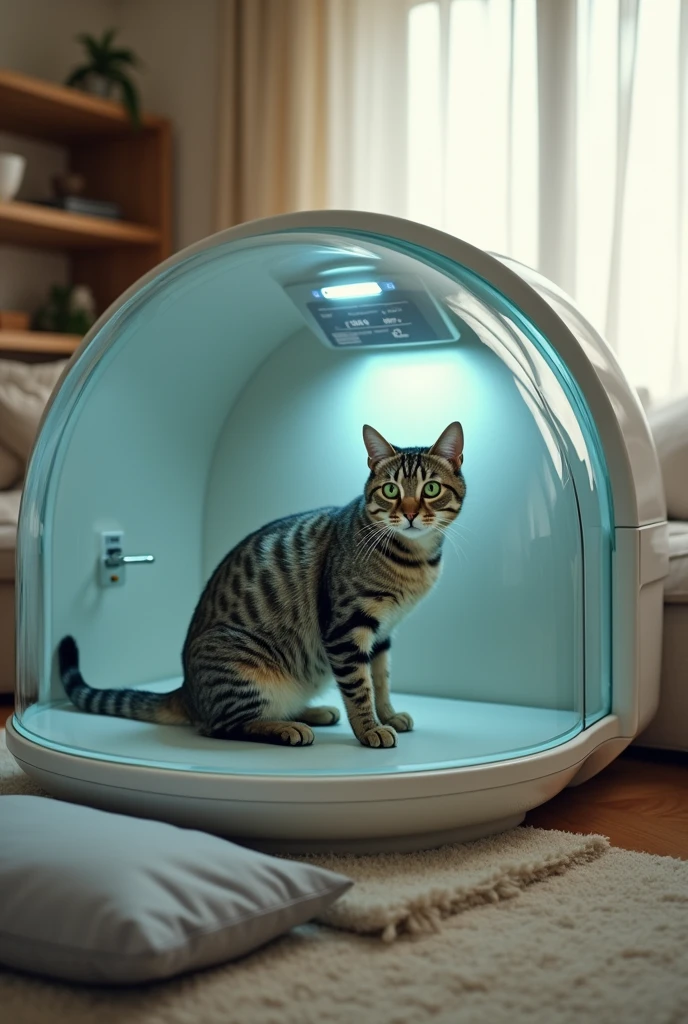 There is a cat inside a plastic and glass chamber of proportional and spacious size where it receives a complete scan of its vital signs and medical status and states that are determined by a veterinarian but making use of the camera, temperature states, Blood pressure and heart rate will be displayed on the back side of the camera and other medical results will be transferred to a monitoring application., The camera is located in a house and is a cheap camera and its owner can observe the process