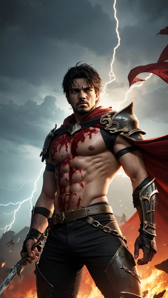 Raul, known as "The Crimson Scourge", He is an imposing warrior, marked by a life of battles and tragedies. His armor, which was once a symbol of power, now it is in tatters, dented and torn, hanging precariously over his scarred, muscular body. The metal, stained with blood and soot, reflects the ravages of countless battles. Despite visible wear, His stance remains firm and defiant, a testimony to his unbreakable will.
His face is that of a man consumed by loss and pain.. Fatigue is evident in the shadows under his eyes and in the deep lines of his expression., But behind that tiredness burns an inextinguishable fury.. His dark eyes, filled with a burning hatred, They are the reflection of a tortured soul, while his tight lips reveal the bitterness of someone who has been pushed to the limit.(emaciated)
Raul está rodeado de rayos carmesí que crepitan en el aire, charged with a lively and dangerous energy. These rays, symbols of their power and their curse, They illuminate their figure with a sinister and vibrant glow. Each lightning strike on the ground causes tremors and an intense ozone aroma, intensifying the atmosphere of tension and violence that surrounds it.
Despite his worn appearance and obvious exhaustion, Raul sigue siendo una figura de imponente poder. His torn cape flutters in the wind, moved by the energy of the rays, like the flag of a warrior who refuses to surrender. It reflects the embodiment of tragedy and fury., A man whose anger and despair have made him a feared being., almost invincible, who fights not only against his enemies, but against the internal torment that consumes him.