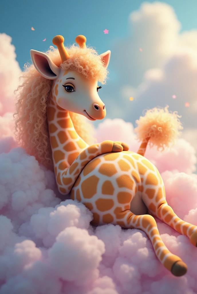 A blonde giraffe with long curly hair floating and big tits sits with her legs stretched out on a dreamy background