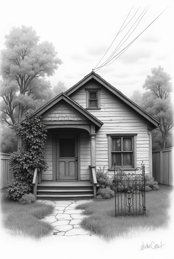 A graphite drawing of a slightly worn one-story house with a gate 