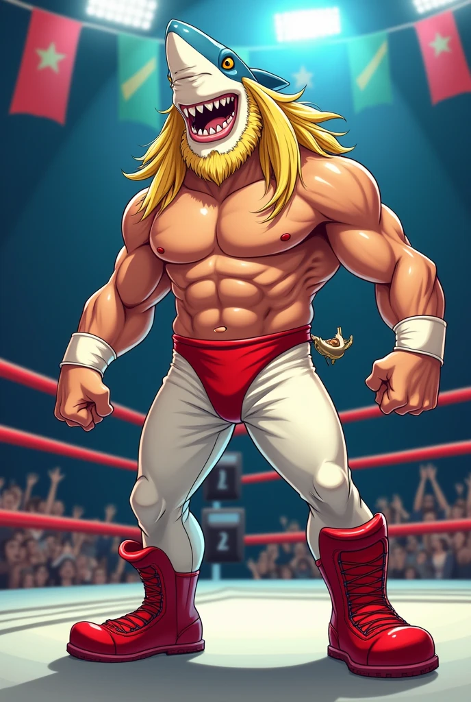 Cartoon shark dressed like WWE wrestler Big John Stud. Shark head, arms, hands, and body. Long blonde hair, short stubble beard. No shirt. Wearing long white pants and red wrestling boots.