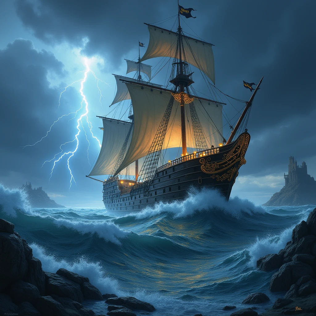 Draw a picture of Galantiel&#39;A grand voyage, Focus on a vast magical ship sailing across the vast ocean to an ancient continent.. The scene must capture the majesty of the ship., Decorated with glowing runes and magical symbols.. The sea must be rough, With high waves and heavy clouds, Reflects the intensity of travel. The sky should have dramatic colors., In shades of gray and dark blue, And lightning occasionally illuminates the scene. Show me the boat approaching the sleeping fish island., The coast is desolate and traces of an ancient battle are visible in the distance.. Emphasize the atmosphere of tension and adventure., Adding a mysterious feeling to the air.