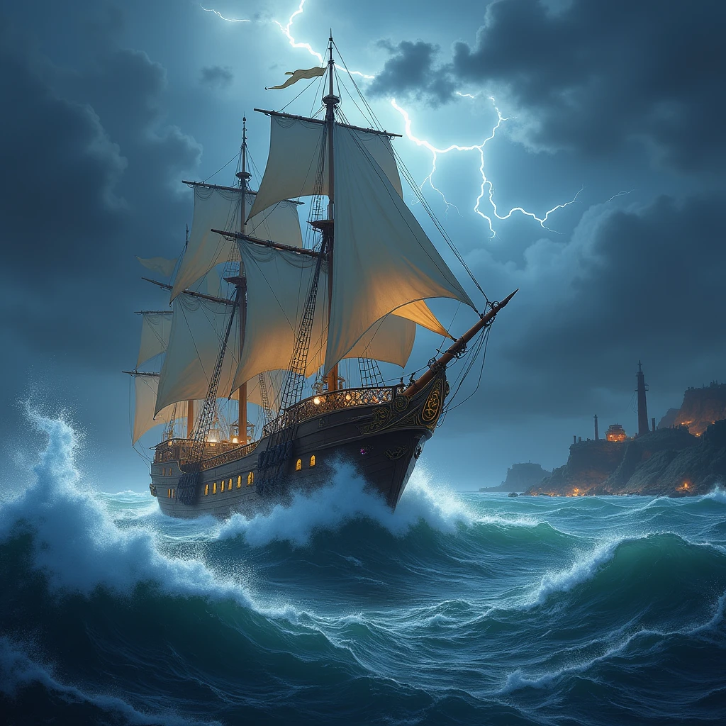 Draw a picture of Galantiel'A grand voyage, Focus on a vast magical ship sailing across the vast ocean to an ancient continent.. The scene must capture the majesty of the ship., Decorated with glowing runes and magical symbols.. The sea must be rough, With high waves and heavy clouds, Reflects the intensity of travel. The sky should have dramatic colors., In shades of gray and dark blue, And lightning occasionally illuminates the scene. Show me the boat approaching the sleeping fish island., The coast is desolate and traces of an ancient battle are visible in the distance.. Emphasize the atmosphere of tension and adventure., Adding a mysterious feeling to the air.