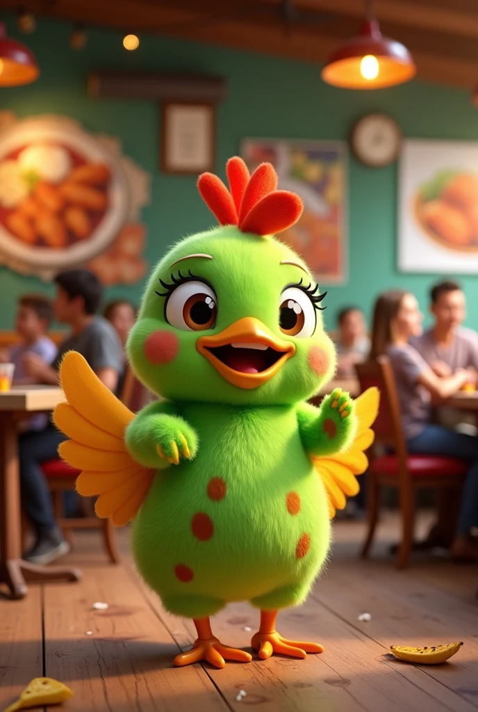 Create a "pet" animated for a restaurant selling chicken wings whose colors are green, yellow and brown