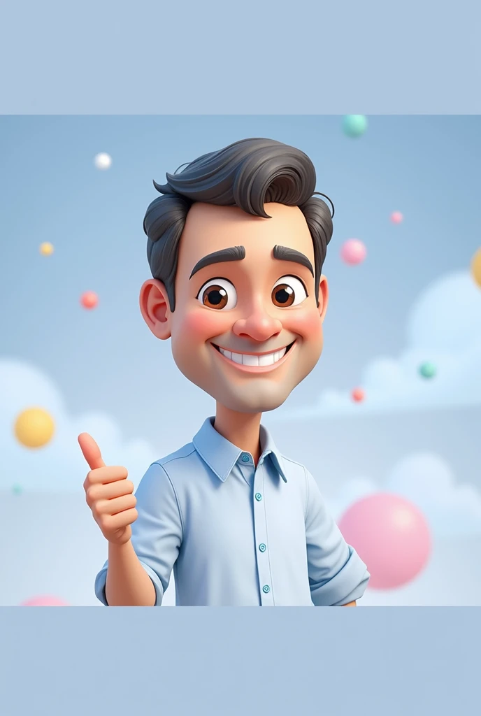 Cartoon character of a man, blue shirt 45 years, grown-up, a white hat covering all the hair, an animated character, stylized character, animation style rendering, 3d stylized, smiling and making a nice hand sign