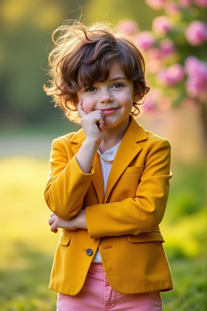 White boy with messy brown hair wearing a mustard colored blazer with pink shorts and beige sneakers, face with half-closed eyes, furrowed eyebrows and hand on chin 