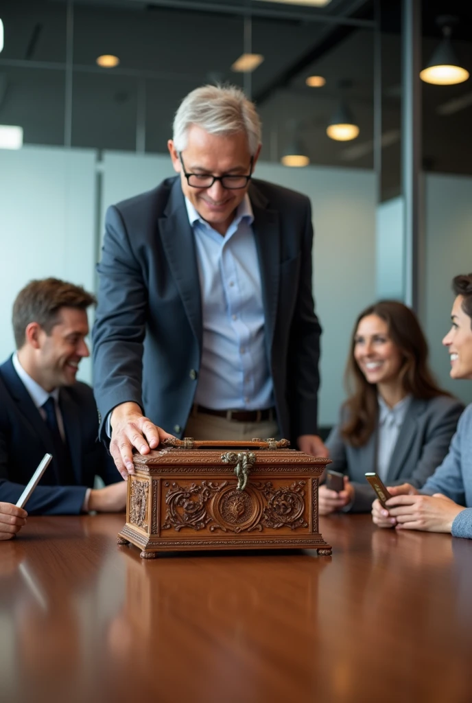 A man placing a box in the meeting room for people to deposit money into 