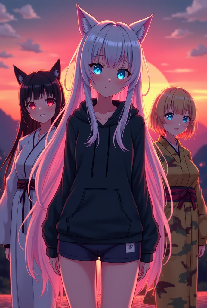 Anime girl,long white hair,((4K resolution,glowing blue eyes,detailed,delicate and beautiful face,nine tail marks on cheeks,,thick thighs,,big breasts,,big hips,detailed,cat ears,black hoodie,,slightly open zip,showind navel,well exersised abs,,shorts with tighter strings,,and neon ligthing glow effect,,on top of blact leggings((standing))in sunset with the mountains in the horizon,,girl 2...behind girl 1,,smiling,,black haired,,red eyes,,white kimono with red neon lighting effect,,small breasts,,girl 3,,blonde,yellow eyes in coumoflage,,short hair,,medium sized breasts,,smiling..detailed sunset,,anime drawing((masterpiece))4k resolution ultra anime 4.1)) realistic,,genshin,,cute,beautiful,,detailed,4k anime drawing((giant breasts))counterfeit v3.0,,meina unreal DreamShaper,,anylora