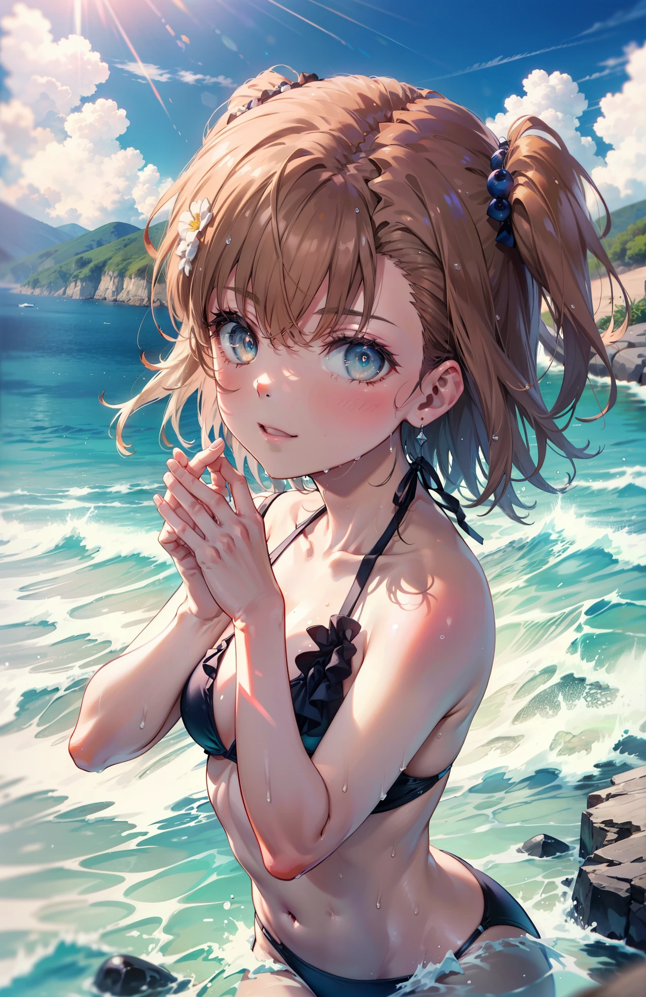 Mycotrose, Brown eyes,Brown Hair,short hair,One side up,Flower Hair Ornaments,smile,Open your mouth,Bikini swimsuit with ruffles,barefoot,Water Play,Wet Hair,Wet swimsuit,Wet Skin,True Summer,Daytime,Clear skies,whole bodyがイラストに入るように,
 break looking at viewer, whole body,  (Cowboy Shot:1. 5),　　　　　　　　　　　　　　　　　break outdoors ,Ocean,Beach,　　　　　　　　　　　　　break (masterpiece:1.2), Highest quality, High resolution, unity 8k wallpaper, (shape:0.8), (Beautiful and beautiful eyes:1.6), Highly detailed face, Perfect lighting, Extremely detailed CG, (Perfect hands, Perfect Anatomy),