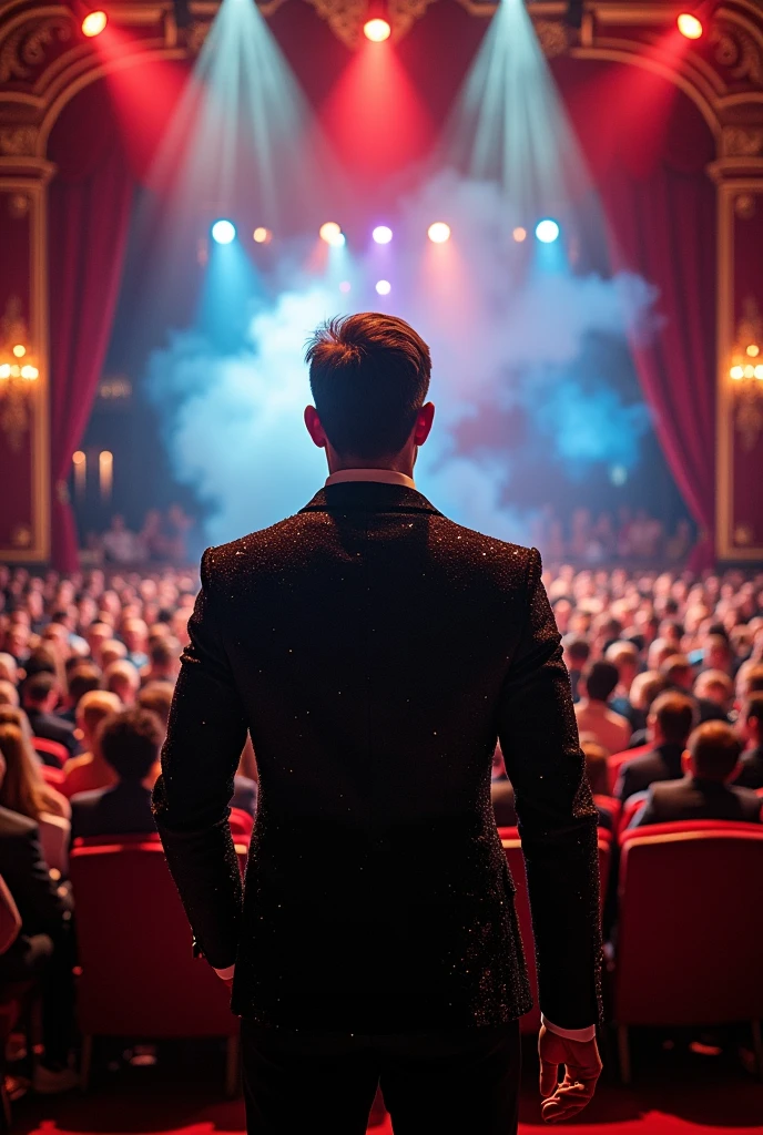 A theater full of people and an artist performing illusions. Everyone is impressed