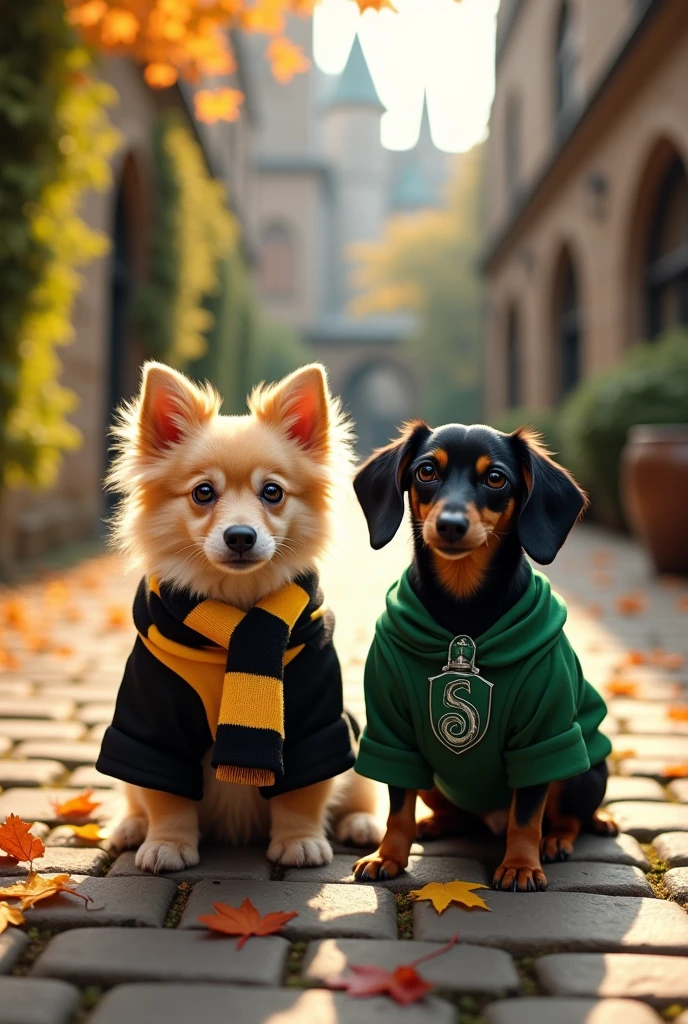 Create an image of a beige German Spitz puppy dressed in a Hufflepuff Hogwarts uniform next to a black dachshund wearing a Slytherin house uniform