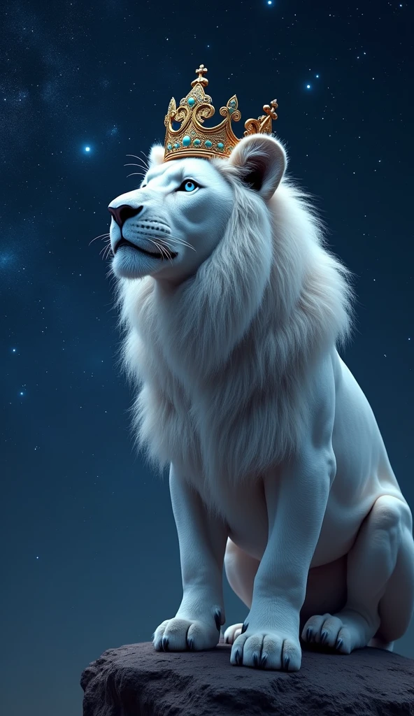Generate a super mega hyper ultra realistic 8k image of a white lion with blue eyes , stark, bonitas, with a king's crown on his head looking at the night sky