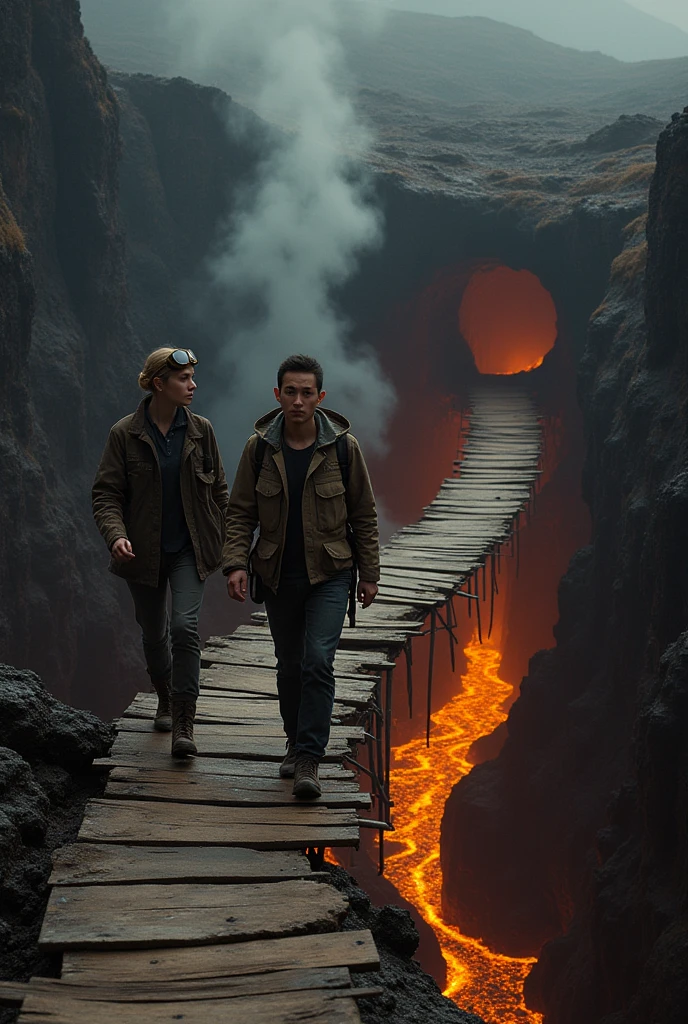 A long, dilapidated wooden bridge stretched into the air that connects to a cave and a mountain. And below the bridge a river of lava. And two scientists crossing the bridge, a woman and a man.  