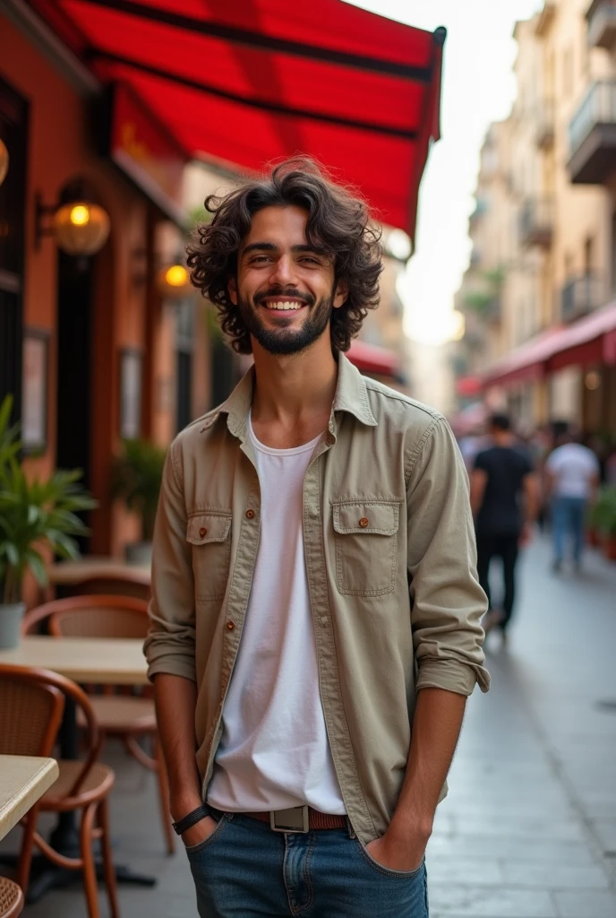 full body shot, standing outside a street or café in the middle east, cute, male model, Arab or Pakistani male, 20-25 years old long curly hair that is well kept, hair is curly not below neck length, but is longer on the top, short beard, brown eyes, (skin texture), kind smile, medium to light skin,