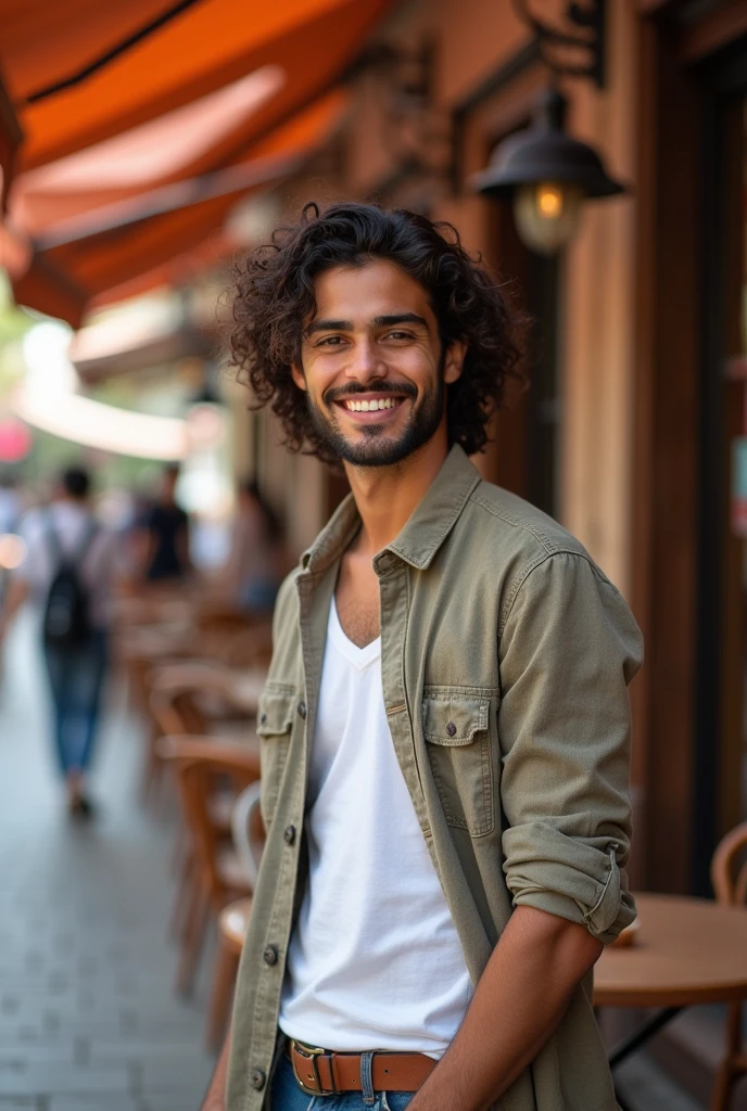 full body shot, standing outside a street or café in the middle east, cute, male model, Arab or Pakistani male, 20-25 years old long curly hair that is well kept, hair is curly not below neck length, but is longer on the top, short beard, brown eyes, (skin texture), kind smile, medium to light skin,