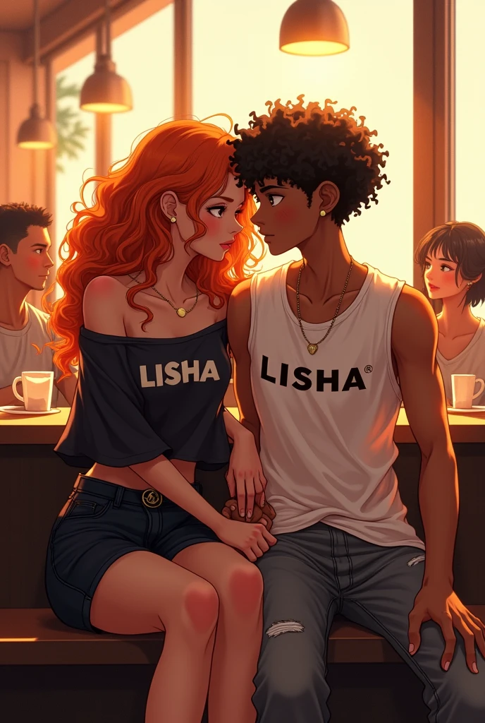(photorealism:1.2), beautiful 16 year old girl and boy holding hands, both chocolate skin colour,sitting in a restaurant, wearing black loose off-shoulder top written LISHA on it for the girl , black not so short skirt for the girl, long curly dark orange hair planted fir the girl, the boy in a white vest written LISHA on it, grey and black jean for the boy , window with sunlight, relaxed pose, realistic, intricate details, warm colors, anime style