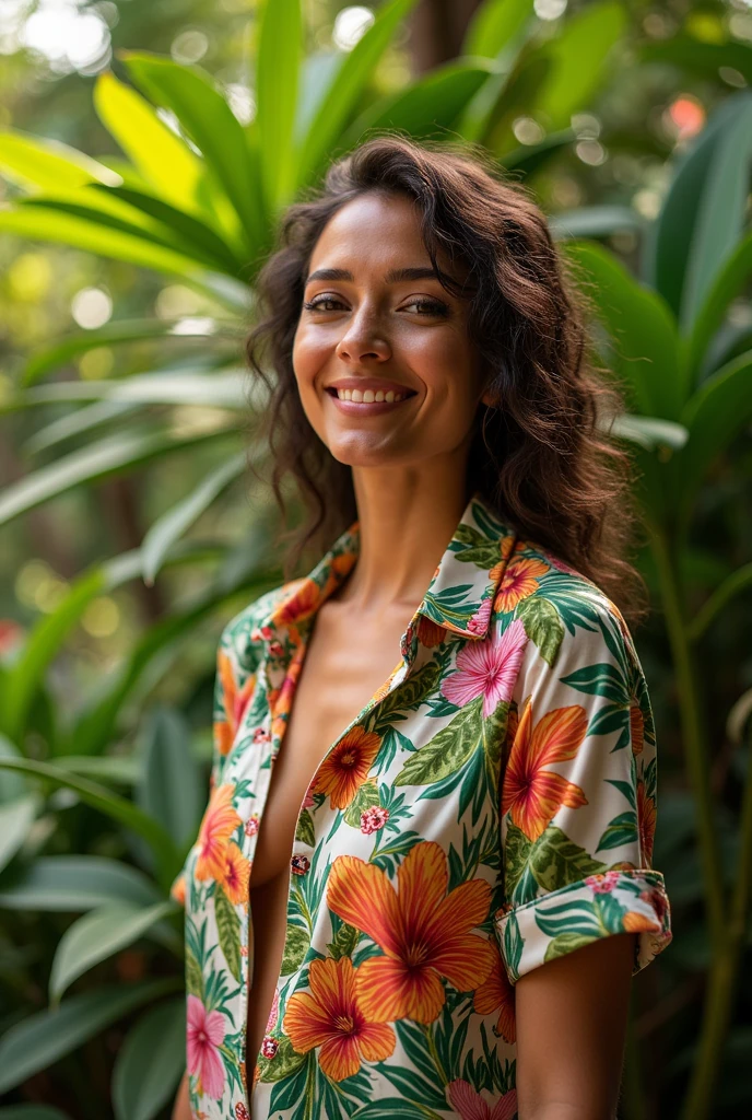A Brazilian woman in a lush tropical garden, wearing an open shirt with a floral print, with a close-up capturing the harmonious beauty between her breasts and the natural flowers, showing off your natural charm and outgoing personality.