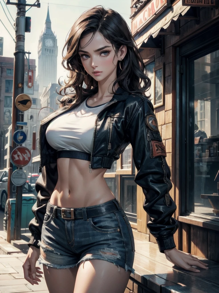 absurdres, RAW photo, extremely delicate and beautiful, masterpiece, Best Quality, ultra high resolution, 32k, hyperrealistic, realistic, photorealistic, photo-realistic, ultra-detailed, Very detailed CG 8k wallpaper, detailed background, landscape, Beautiful Lighting, Perfect Lightning, Realistic Shadows, perfect anatomy, anatomically correct, ideal ratio body proportions, perfect figure, Perfect Style, Perfect balance, super Detailed skin, in her 30s, very Slim body, narrow waist, very small head, very small face, delicate facial features, handsome detailed woman, very detailed eyes and face, realistic face proportions, Realistic beautiful face, Realistic beautiful eyes, tearful mole, earring, very huge round tits, medium hair, asymmetrical hair, wavy hair, gunman attire, jacket, post apocalyptic desert city, midriff, shorts,