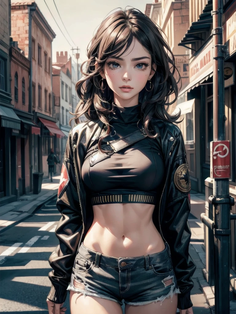 absurdres, RAW photo, extremely delicate and beautiful, masterpiece, Best Quality, ultra high resolution, 32k, hyperrealistic, realistic, photorealistic, photo-realistic, ultra-detailed, Very detailed CG 8k wallpaper, detailed background, landscape, Beautiful Lighting, Perfect Lightning, Realistic Shadows, perfect ???????, anatomically correct, ideal ratio body proportions, perfect figure, Perfect Style, Perfect balance, super Detailed skin, in her 30s, very Slim body, narrow waist, very small head, very small face, delicate facial features, handsome detailed woman, very detailed eyes and face, realistic face proportions, Realistic beautiful face, Realistic beautiful eyes, tearful mole, earring, very huge round tits, medium hair, asymmetrical hair, wavy hair, gunman attire, jacket, post apocalyptic desert city, midriff, shorts,