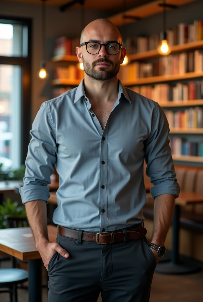 Handsome nerd man. almost bald, Slightly athletic body. Eyeglasses