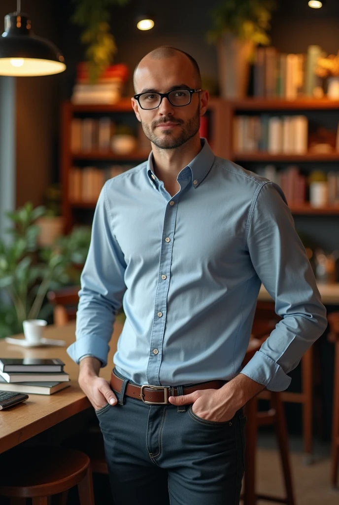 Handsome nerd man. almost bald, Slightly athletic body. Eyeglasses 

