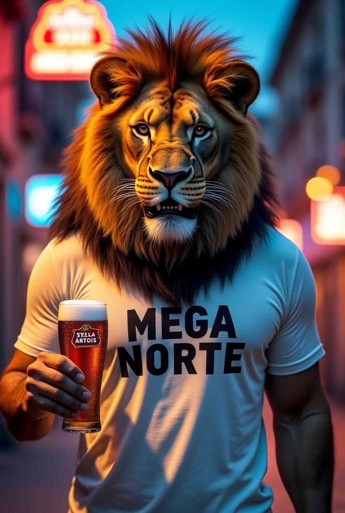 Create PNG of a strong lion with an evil face, white t-shirt with the words MEGA NORTE written on it and holding a STELLA ARTOIS beer